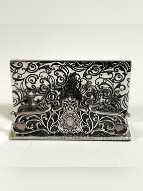 Ornate Silver-Tone Filigree Business Card Holder with Pink Stone Accents